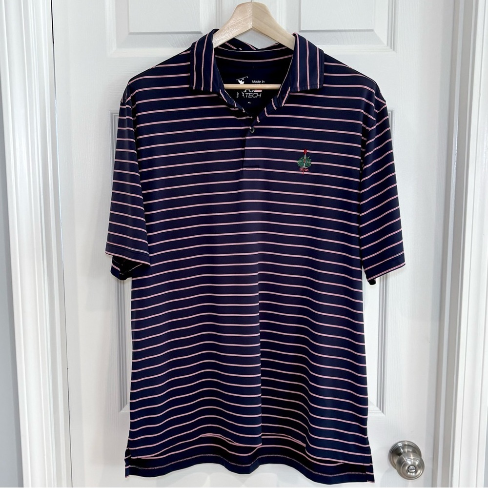 FG Tech Polo Golf Short Sleeve Striped Shirt Men XL Navy Pink White Made in USA